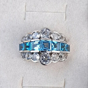 Natural Swiss Blue Topaz & White Topaz Art Deco Style Ring.
